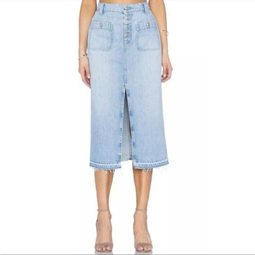 7 For All Mankind Exposed Button Midi Denim Skirt with Slit - Sz 26, Light Blue